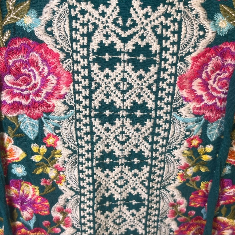 Savanna Jane Blouse Sz L Rayon Embroidered Boho Peasant Cottagecore Floral Teal - Picture 2 of 9